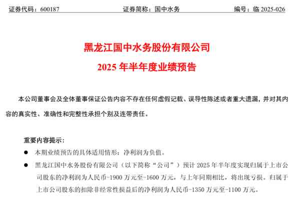 國(guó)中水務(wù)：預(yù)計(jì)2025年上半年凈利潤(rùn)虧損1600萬(wàn)元-1900萬(wàn)元