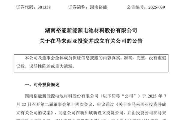 湖南裕能投資9.5億元設(shè)立馬來西亞鋰電池項目